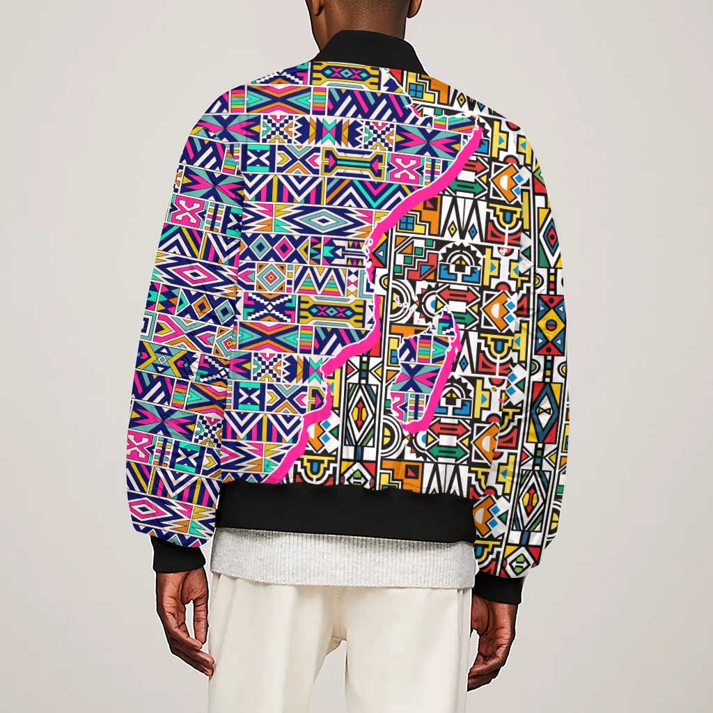 African Ndebele Pattern Sleeve Zip Bomber Jacket