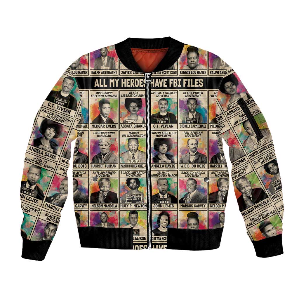 All My Heroes Have FBI Files Sleeve Zip Bomber Jacket Civil Rights Leaders
