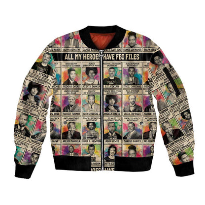All My Heroes Have FBI Files Sleeve Zip Bomber Jacket Civil Rights Leaders