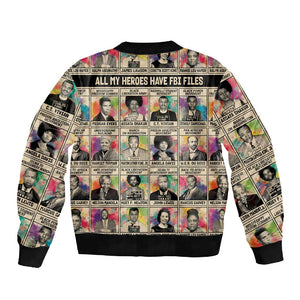All My Heroes Have FBI Files Sleeve Zip Bomber Jacket Civil Rights Leaders