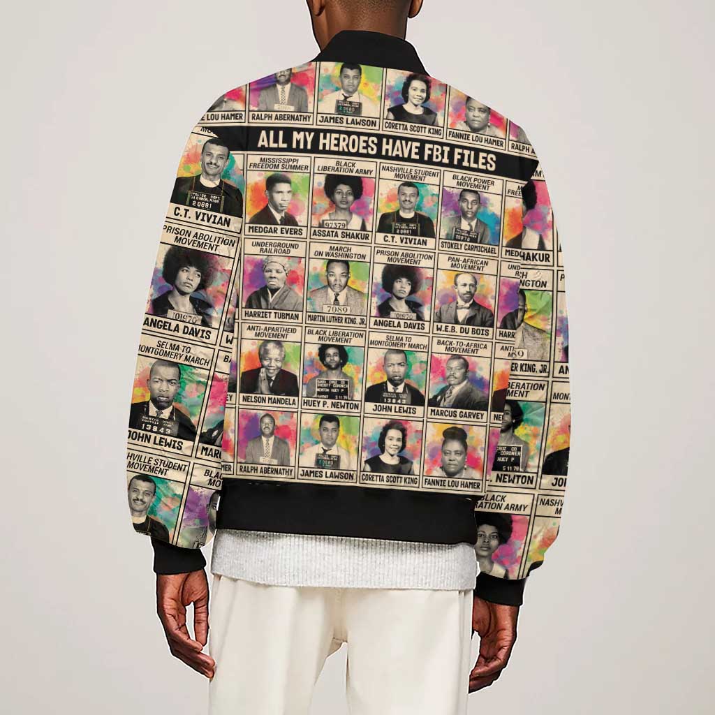 All My Heroes Have FBI Files Sleeve Zip Bomber Jacket Civil Rights Leaders