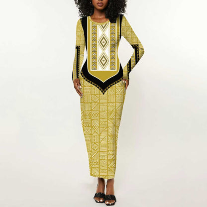 Personalized African Dashiki Long Sleeve Bodycon Dress - Mudcloth Style DT02