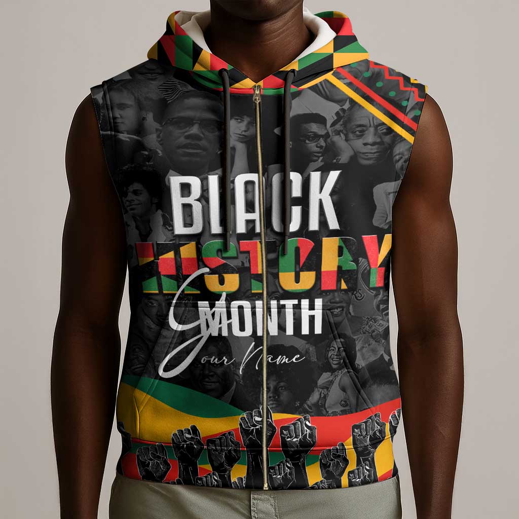 Personalized Black History Month Sleeveless Zip Hoodie with African American Heroes - African Pride