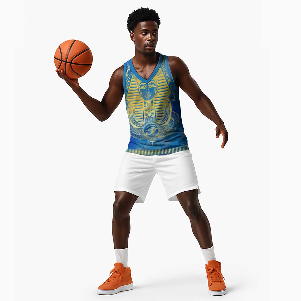 Personalized Egyptian Pharaoh Basketball Jersey with Mandala and Eye of Horus in Blue - African Pride