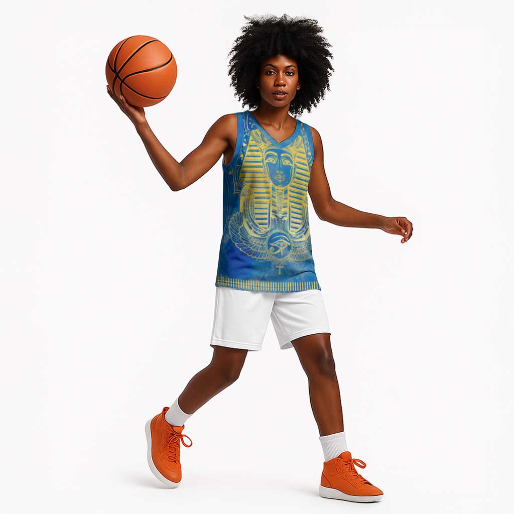 Personalized Egyptian Pharaoh Basketball Jersey with Mandala and Eye of Horus in Blue - African Pride
