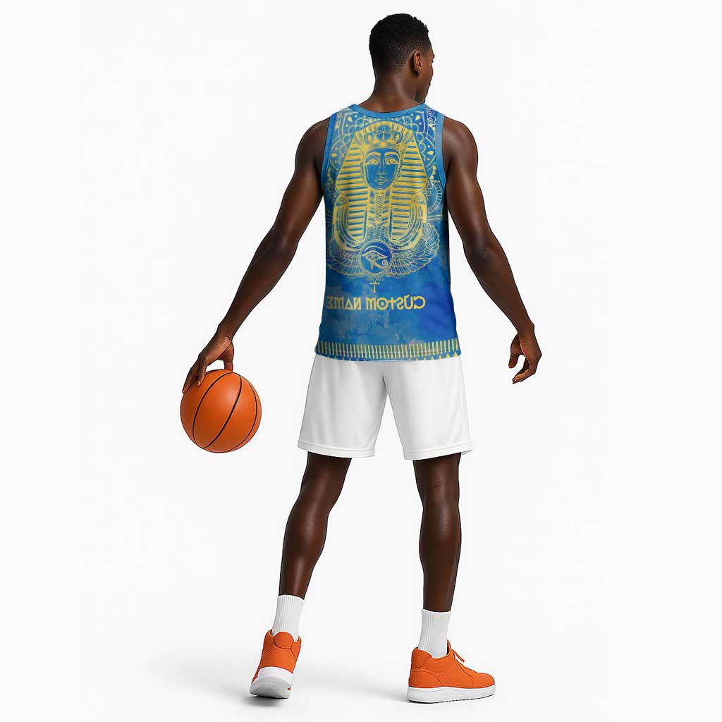 Personalized Egyptian Pharaoh Basketball Jersey with Mandala and Eye of Horus in Blue - African Pride