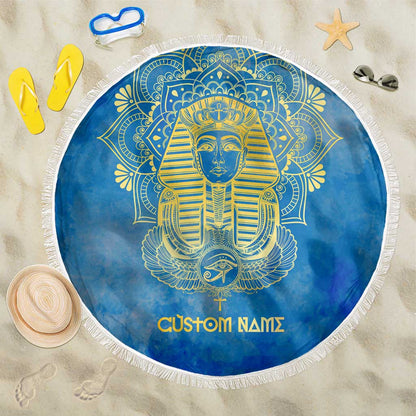 Personalized Egyptian Pharaoh Beach Blanket with Mandala and Eye of Horus in Blue