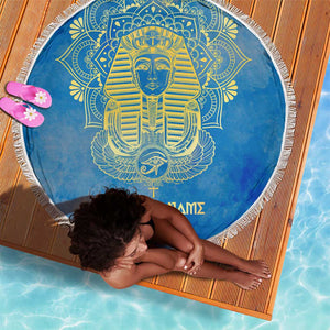 Personalized Egyptian Pharaoh Beach Blanket with Mandala and Eye of Horus in Blue