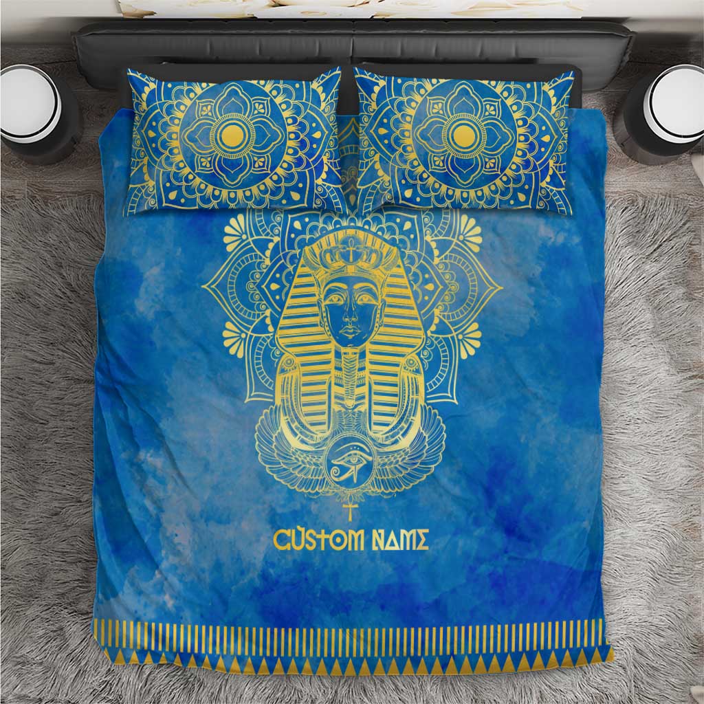 Personalized Egyptian Pharaoh Bedding Set with Mandala and Eye of Horus in Blue
