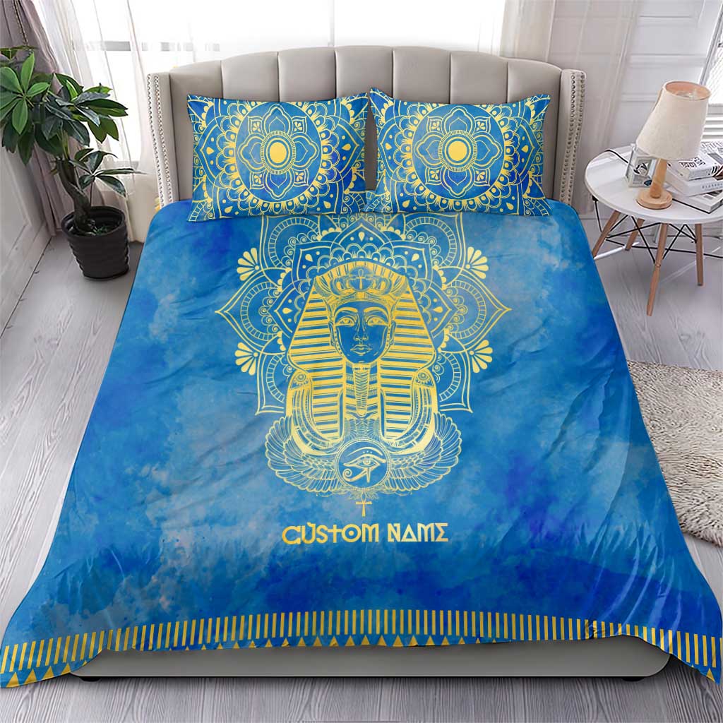 Personalized Egyptian Pharaoh Bedding Set with Mandala and Eye of Horus in Blue
