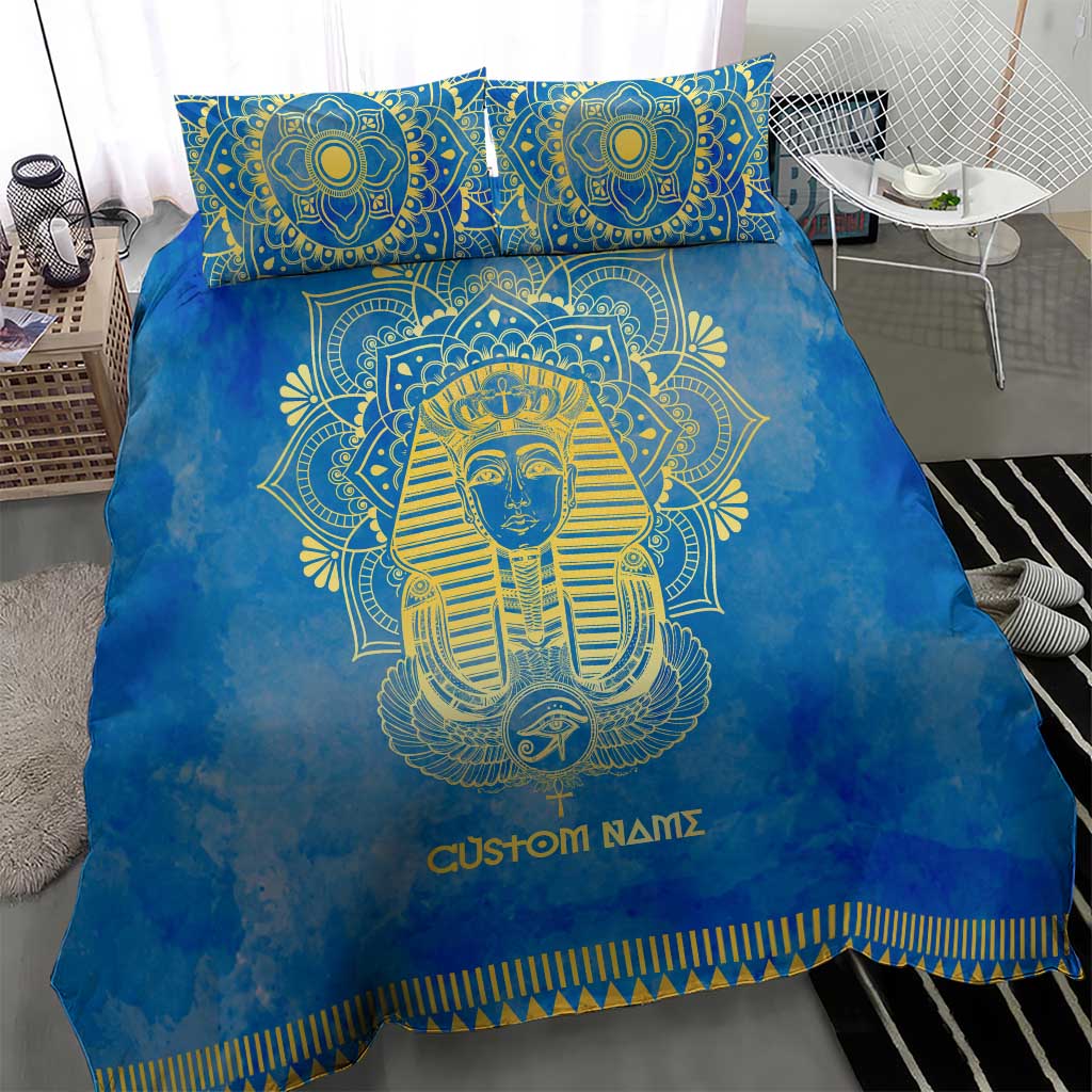 Personalized Egyptian Pharaoh Bedding Set with Mandala and Eye of Horus in Blue