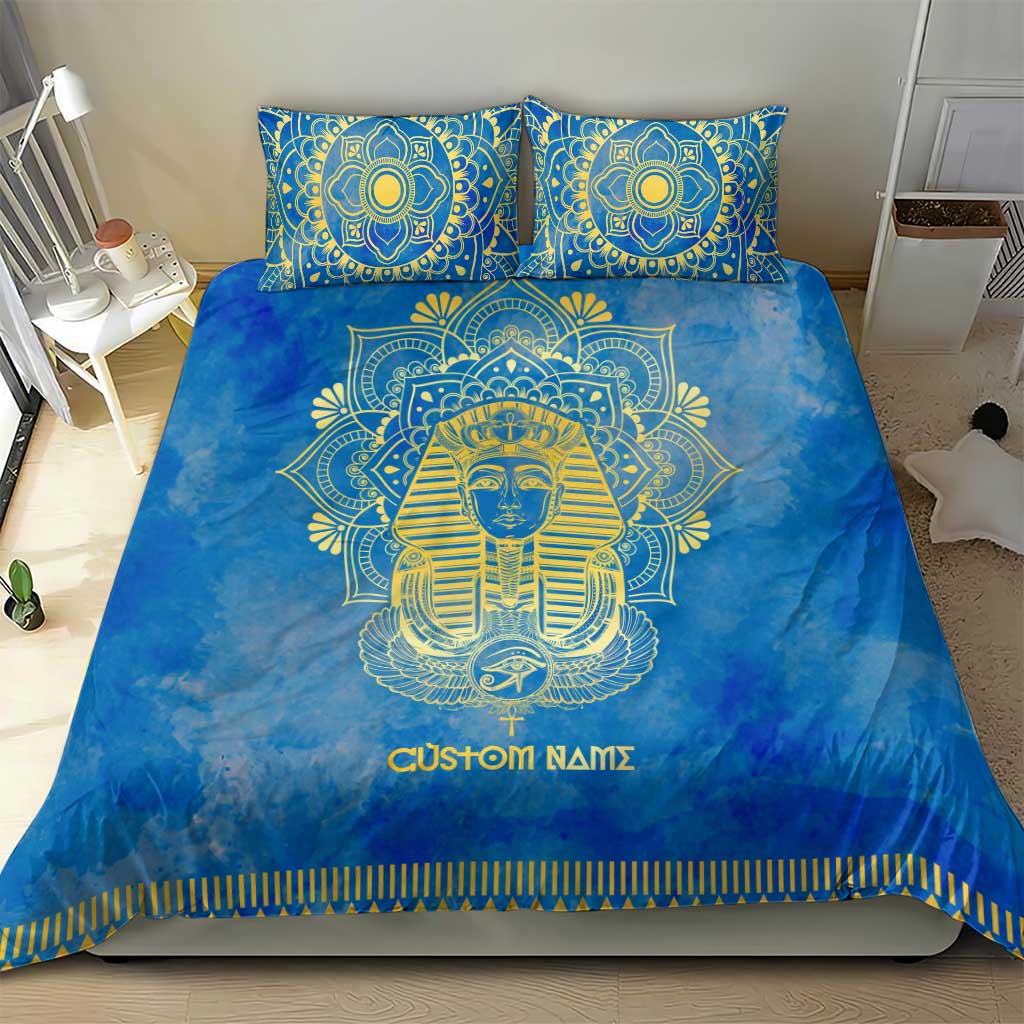 Personalized Egyptian Pharaoh Bedding Set with Mandala and Eye of Horus in Blue
