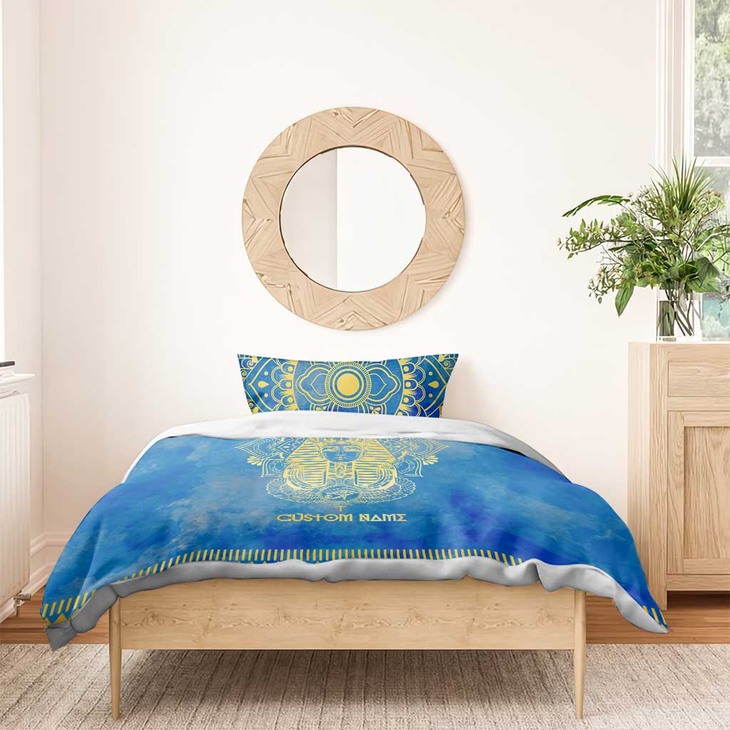 Personalized Egyptian Pharaoh Bedding Set with Mandala and Eye of Horus in Blue