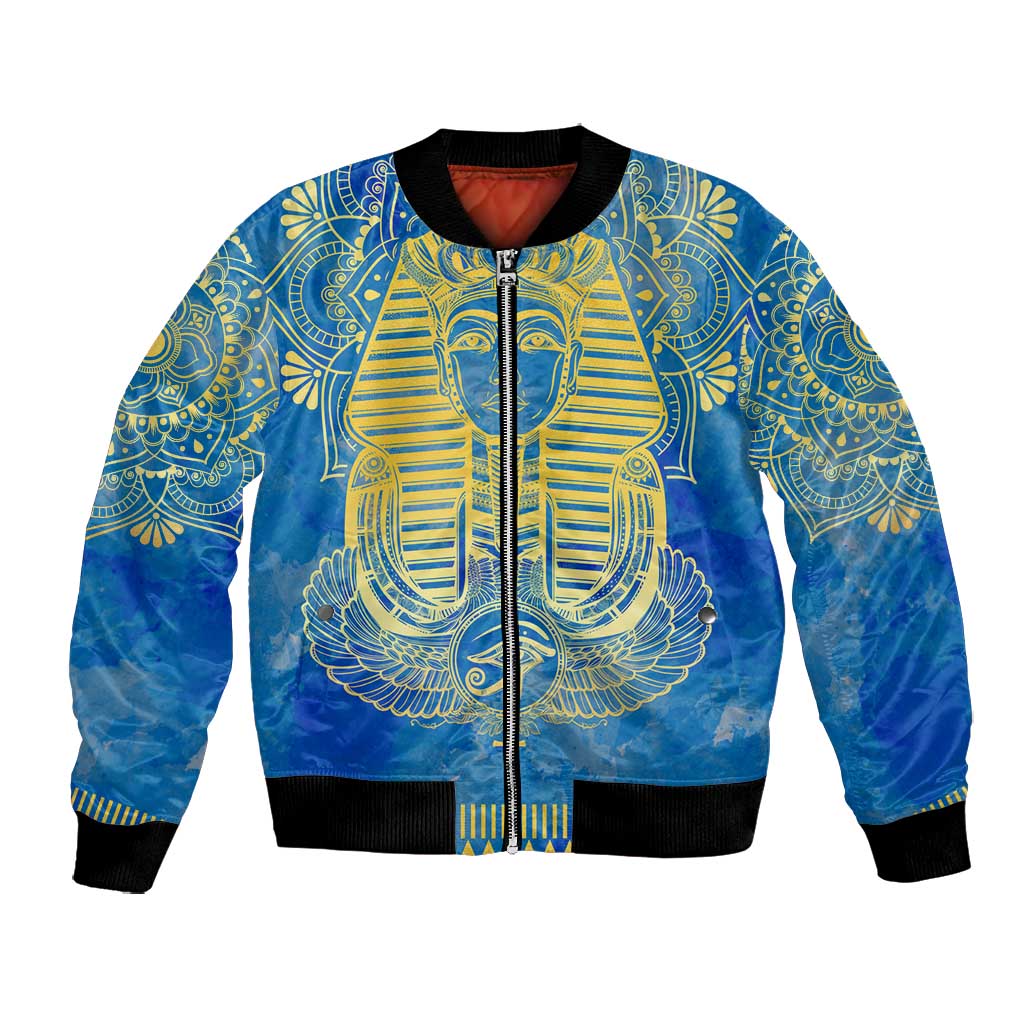 Personalized Egyptian Pharaoh Bomber Jacket with Mandala and Eye of Horus in Blue