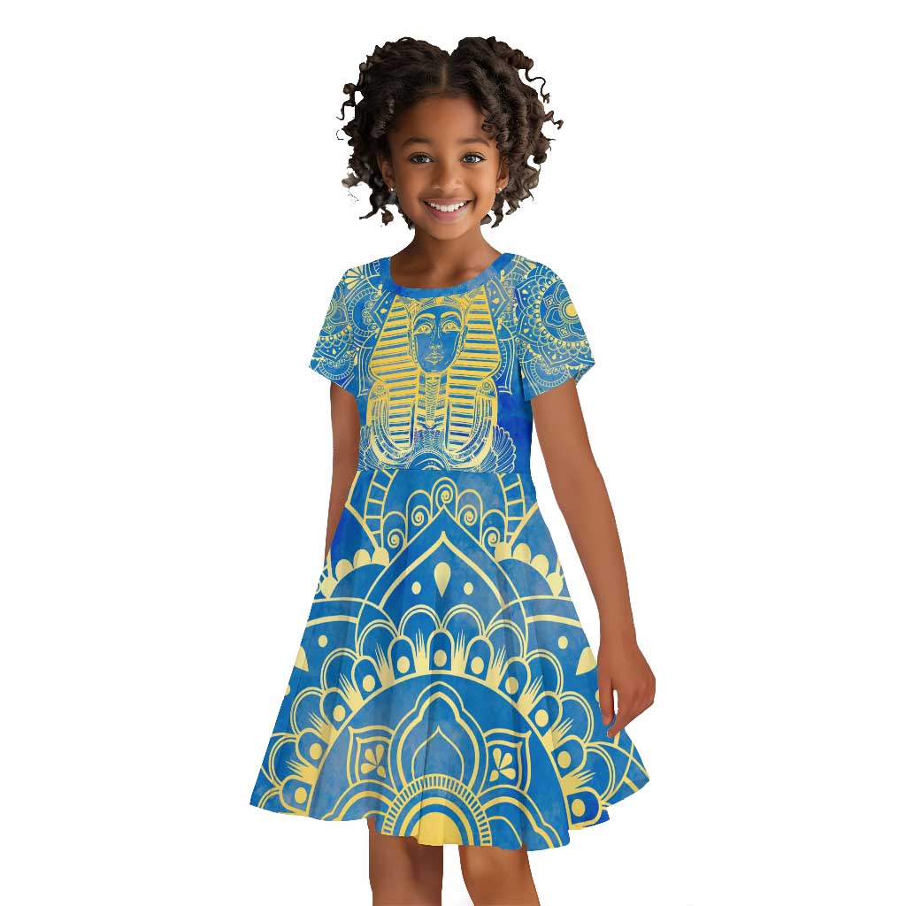 Personalized Egyptian Pharaoh Kid Short Sleeve Dress with Mandala and Eye of Horus in Blue