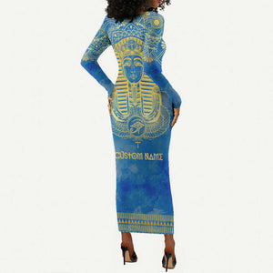 Personalized Egyptian Pharaoh Long Sleeve Bodycon Dress with Mandala and Eye of Horus in Blue DT02