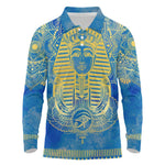 Personalized Egyptian Pharaoh Long Sleeve Polo Shirt with Mandala and Eye of Horus in Blue