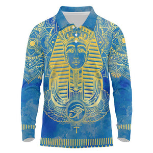 Personalized Egyptian Pharaoh Long Sleeve Polo Shirt with Mandala and Eye of Horus in Blue