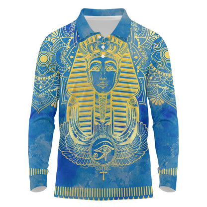 Personalized Egyptian Pharaoh Long Sleeve Polo Shirt with Mandala and Eye of Horus in Blue