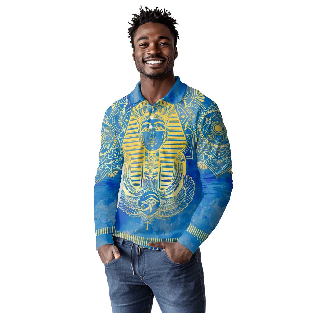 Personalized Egyptian Pharaoh Long Sleeve Polo Shirt with Mandala and Eye of Horus in Blue