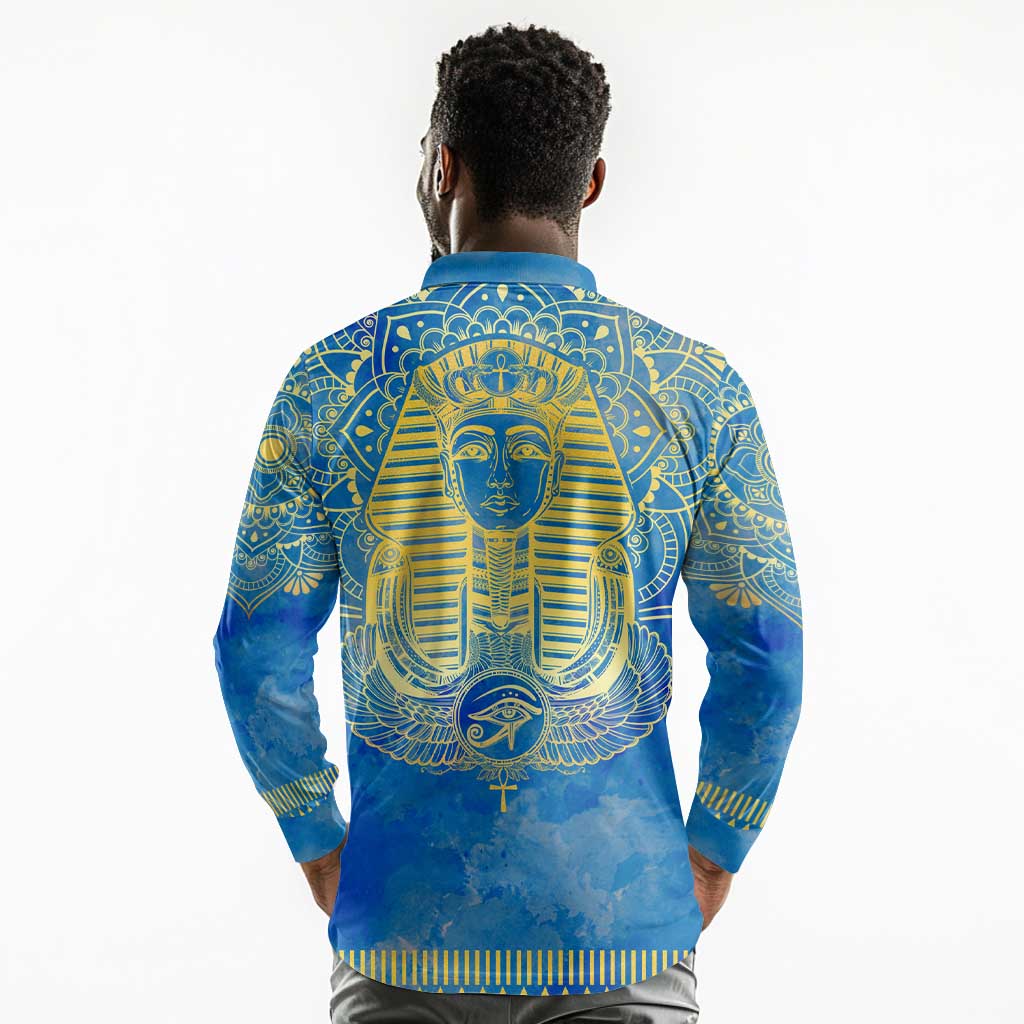 Personalized Egyptian Pharaoh Long Sleeve Polo Shirt with Mandala and Eye of Horus in Blue