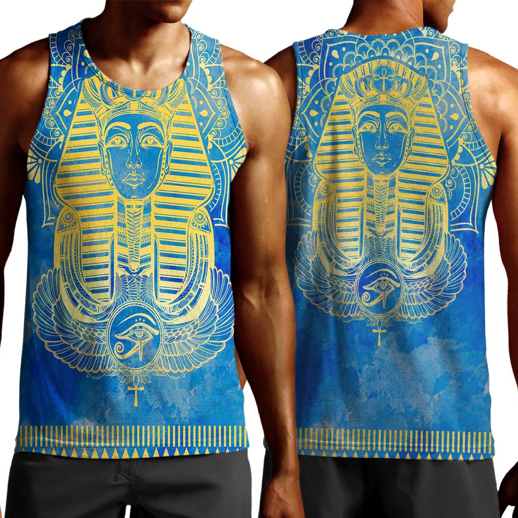 Personalized Egyptian Pharaoh Men Tank Top with Mandala and Eye of Horus in Blue