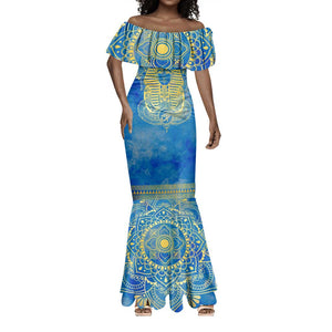 Personalized Egyptian Pharaoh Mermaid Dress with Mandala and Eye of Horus in Blue