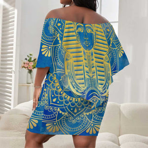 Personalized Egyptian Pharaoh Off Shoulder Short Dress with Mandala and Eye of Horus in Blue