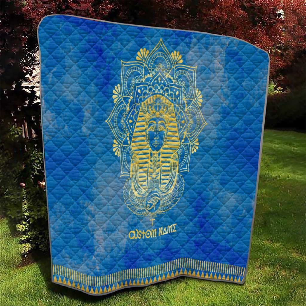 Personalized Egyptian Pharaoh Quilt with Mandala and Eye of Horus in Blue