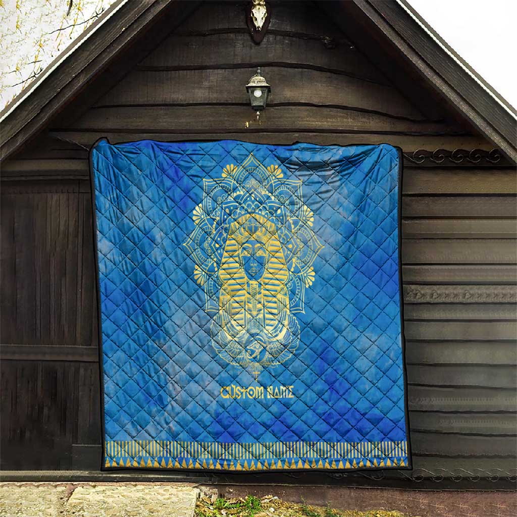 Personalized Egyptian Pharaoh Quilt with Mandala and Eye of Horus in Blue