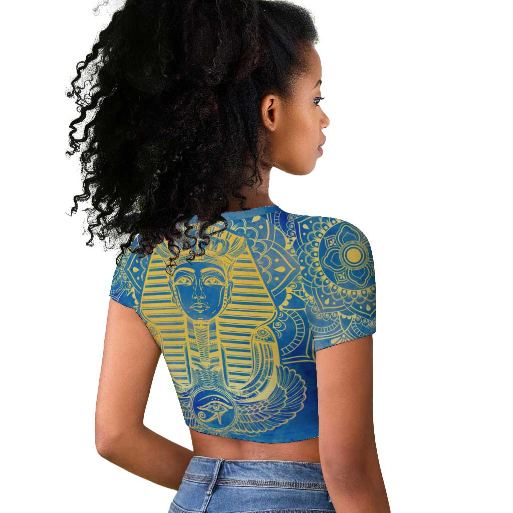 Personalized Egyptian Pharaoh Raglan Cropped T shirt with Mandala and Eye of Horus in Blue
