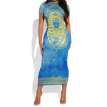 Personalized Egyptian Pharaoh Short Sleeve Bodycon Dress with Mandala and Eye of Horus in Blue DT02