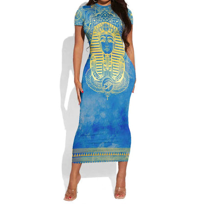 Personalized Egyptian Pharaoh Short Sleeve Bodycon Dress with Mandala and Eye of Horus in Blue DT02