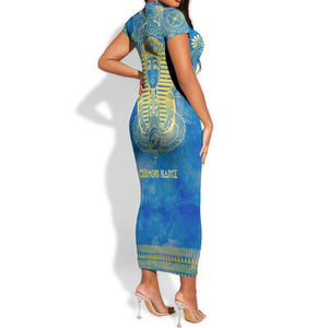 Personalized Egyptian Pharaoh Short Sleeve Bodycon Dress with Mandala and Eye of Horus in Blue DT02