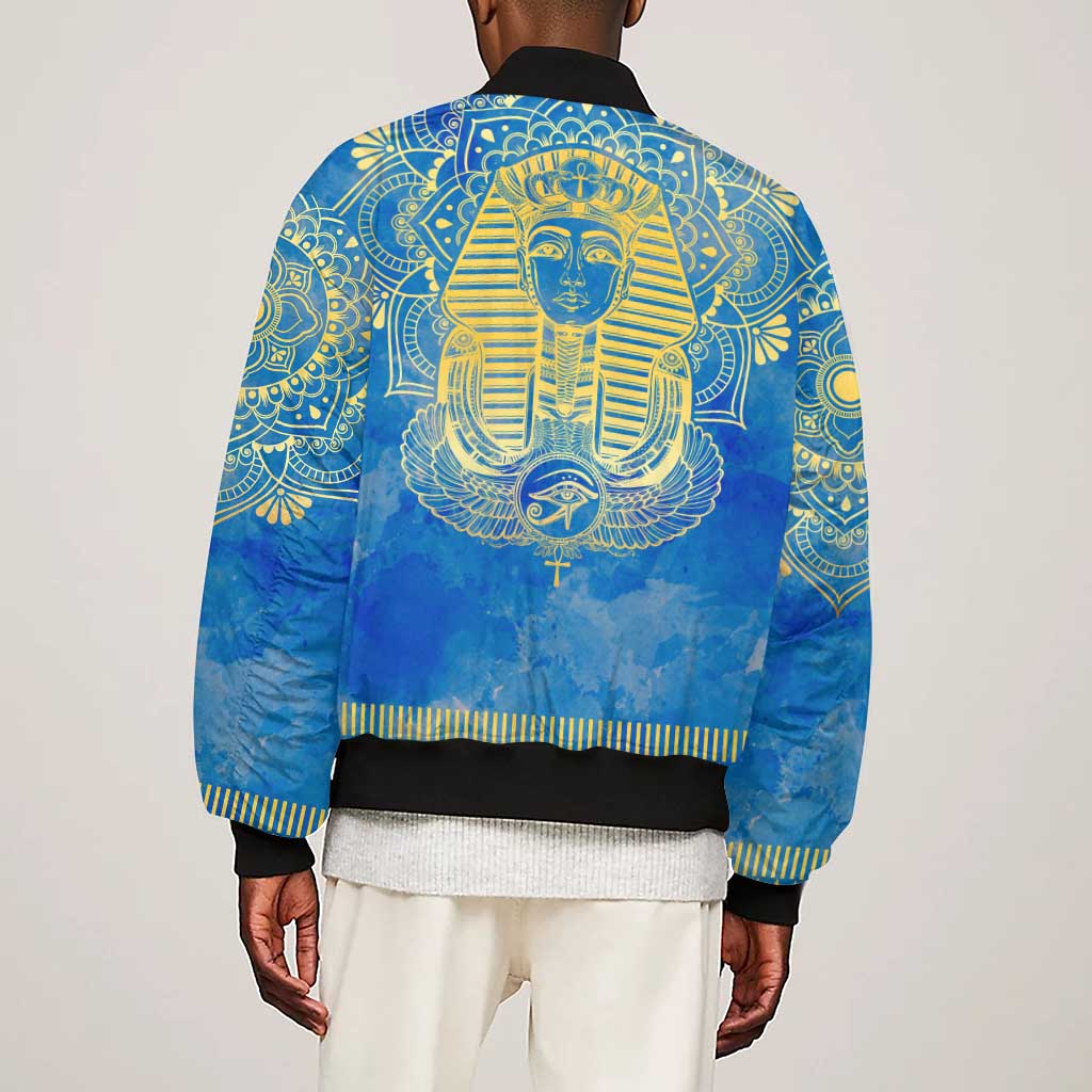 Personalized Egyptian Pharaoh Sleeve Zip Bomber Jacket with Mandala and Eye of Horus in Blue