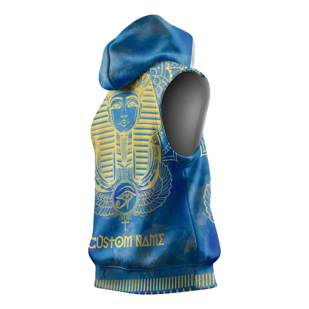 Personalized Egyptian Pharaoh Sleeveless Hoodie with Mandala and Eye of Horus in Blue - African Pride