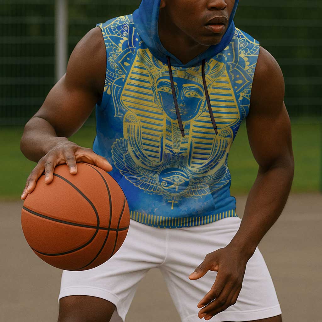 Personalized Egyptian Pharaoh Sleeveless Hoodie with Mandala and Eye of Horus in Blue - African Pride