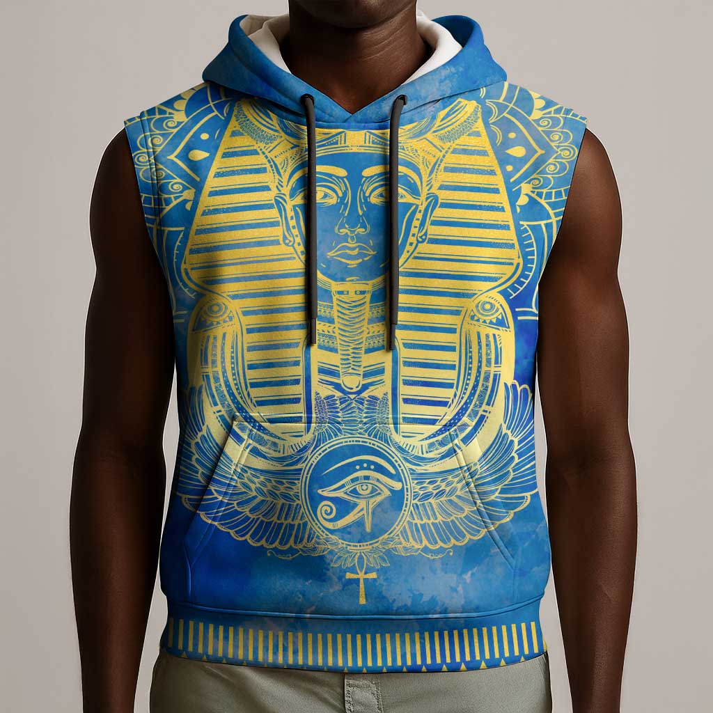 Personalized Egyptian Pharaoh Sleeveless Hoodie with Mandala and Eye of Horus in Blue - African Pride