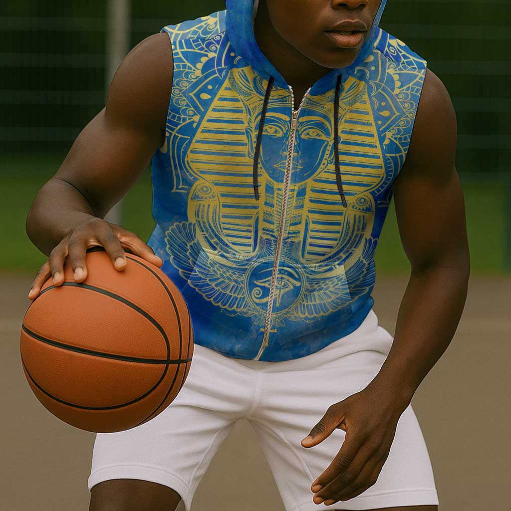 Personalized Egyptian Pharaoh Sleeveless Zip Hoodie with Mandala and Eye of Horus in Blue - African Pride
