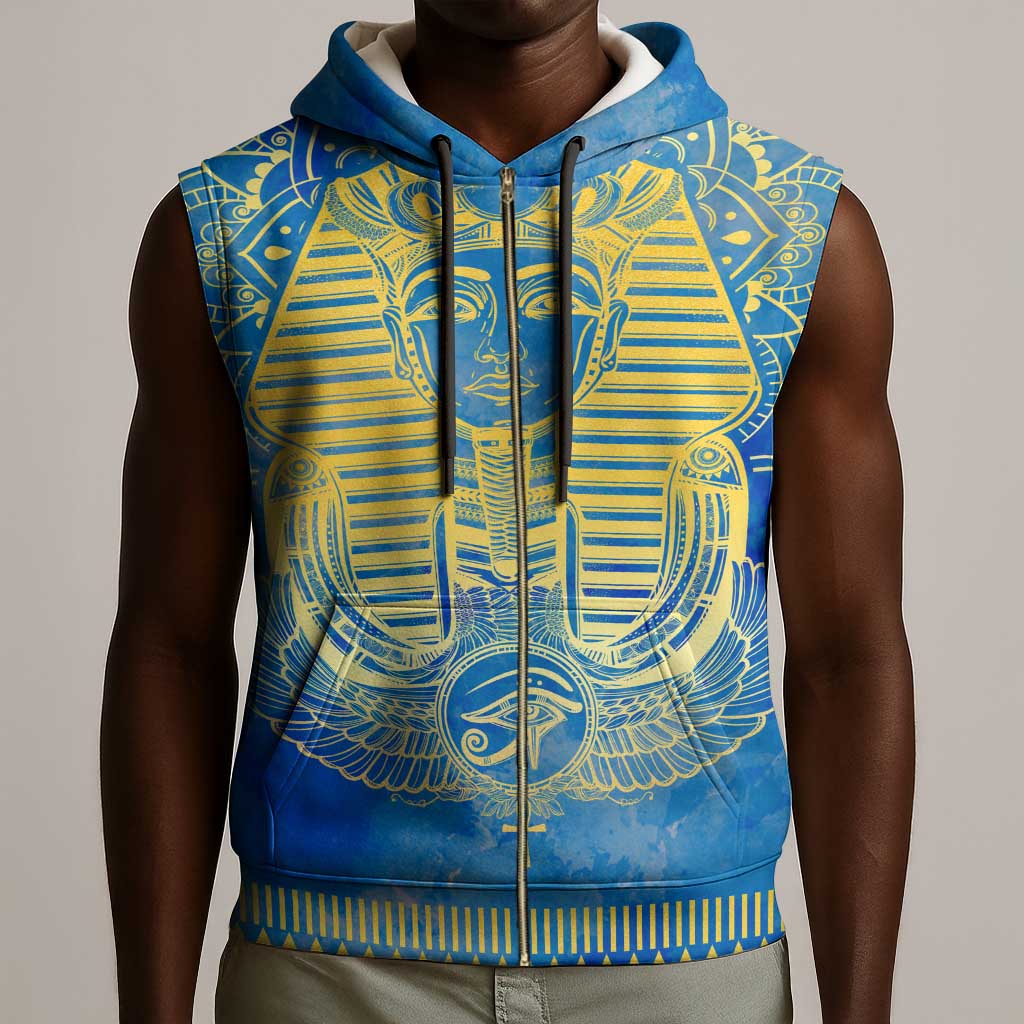 Personalized Egyptian Pharaoh Sleeveless Zip Hoodie with Mandala and Eye of Horus in Blue - African Pride