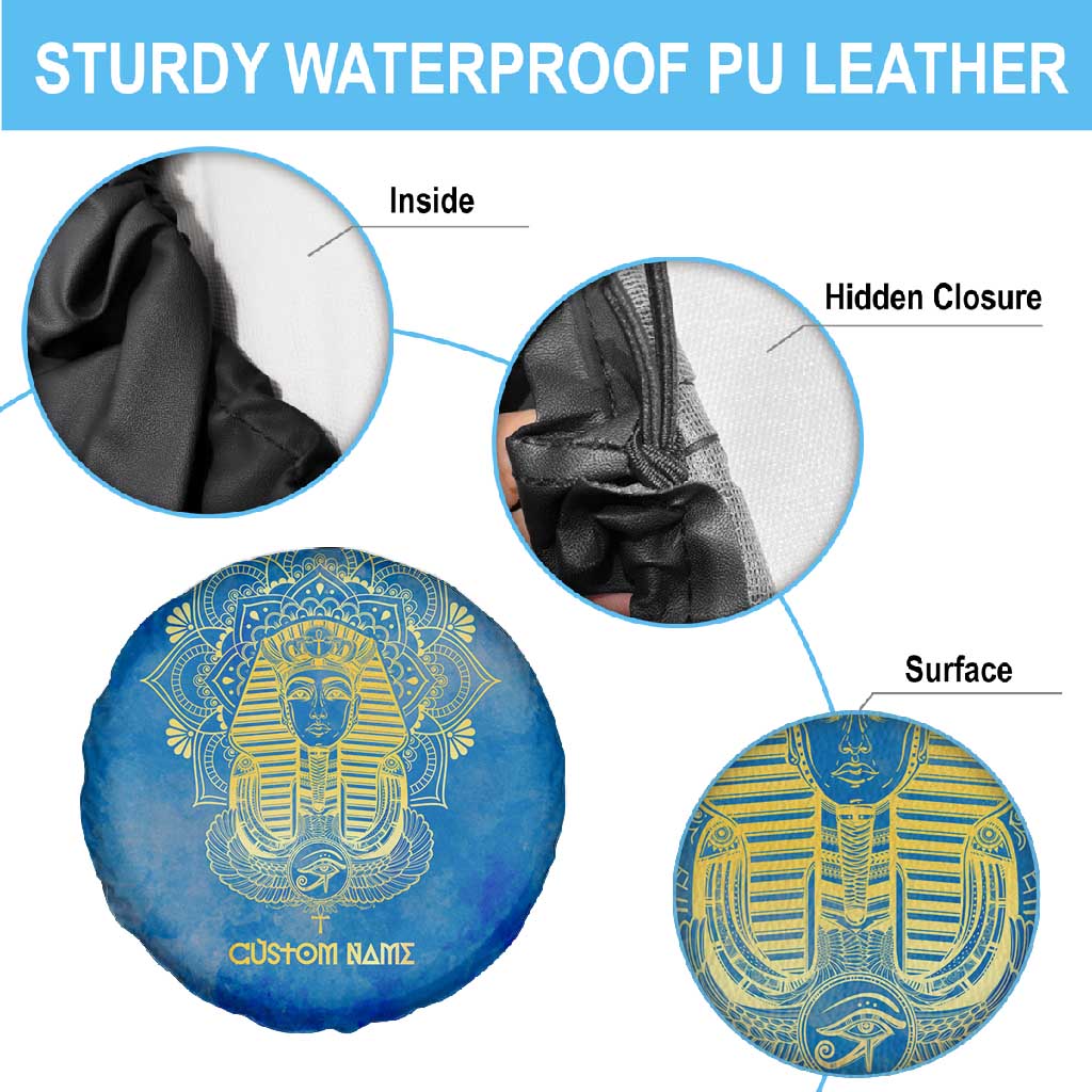 Personalized Egyptian Pharaoh Spare Tire Cover with Mandala and Eye of Horus in Blue