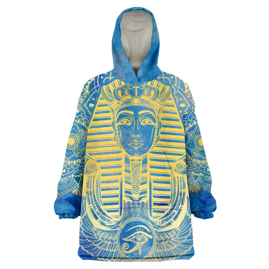 Personalized Egyptian Pharaoh Wearable Blanket Hoodie with Mandala and Eye of Horus in Blue