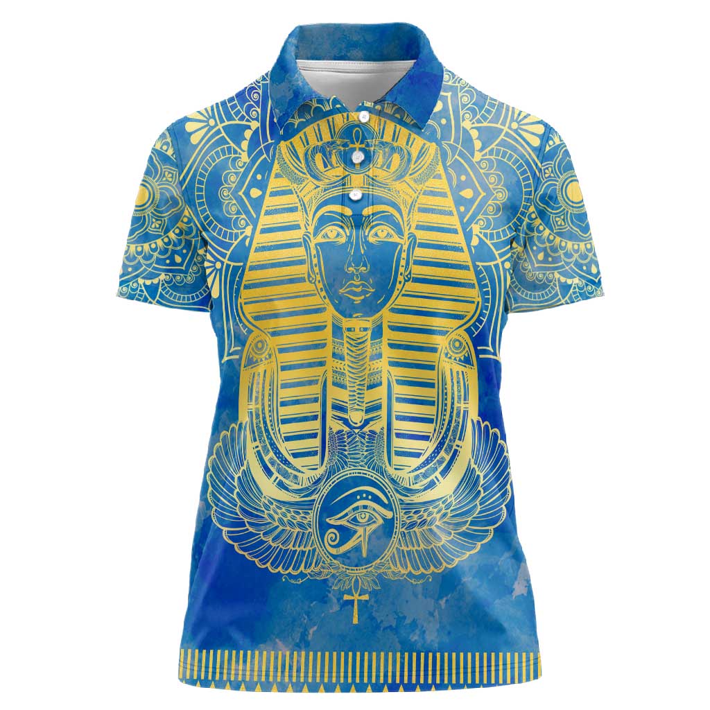 Personalized Egyptian Pharaoh Women Polo Shirt with Mandala and Eye of Horus in Blue