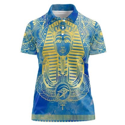 Personalized Egyptian Pharaoh Women Polo Shirt with Mandala and Eye of Horus in Blue