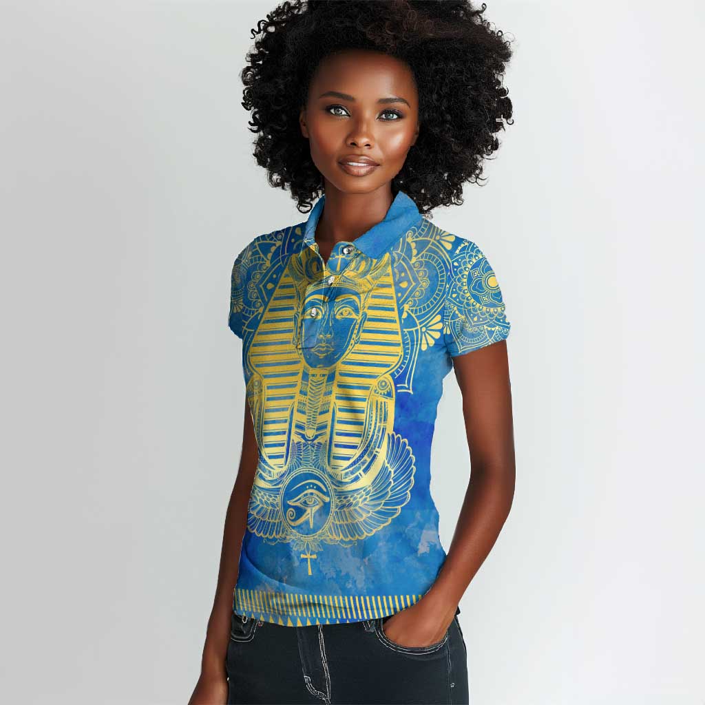 Personalized Egyptian Pharaoh Women Polo Shirt with Mandala and Eye of Horus in Blue