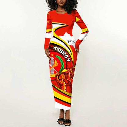 Ethiopia Tigray Long Sleeve Bodycon Dress Revolution Emblem Freedom Fighters and Flag DT02