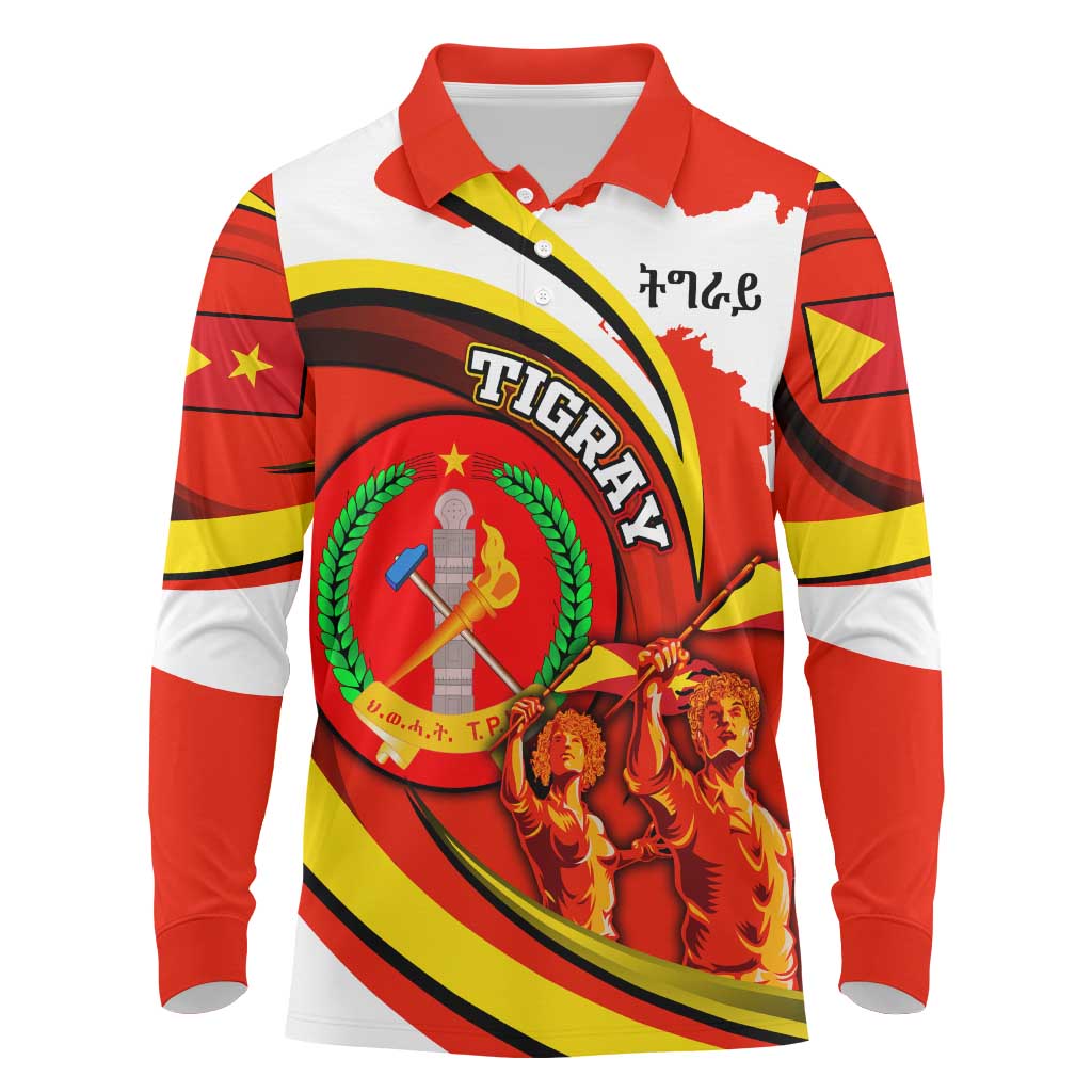 Ethiopia Tigray Long Sleeve Polo Shirt Revolution Emblem Freedom Fighters and Flag