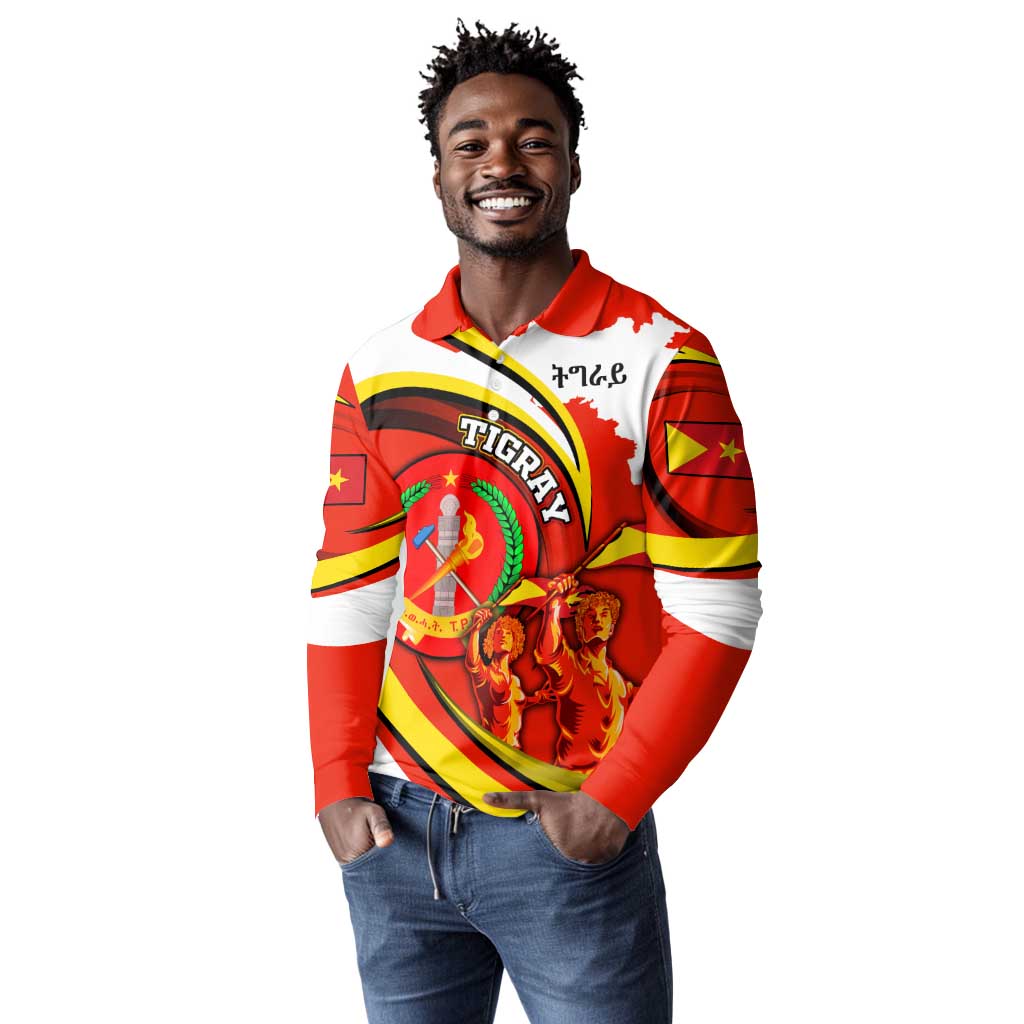 Ethiopia Tigray Long Sleeve Polo Shirt Revolution Emblem Freedom Fighters and Flag