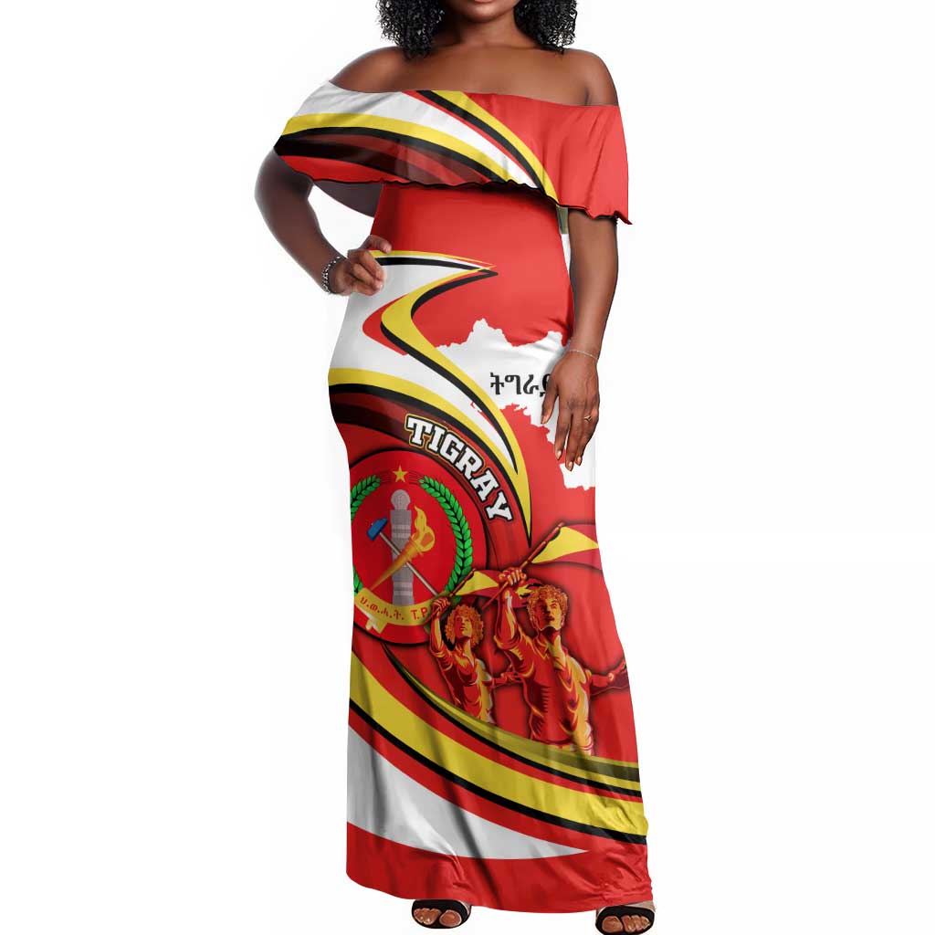 Ethiopia Tigray Off Shoulder Maxi Dress Revolution Emblem Freedom Fighters and Flag