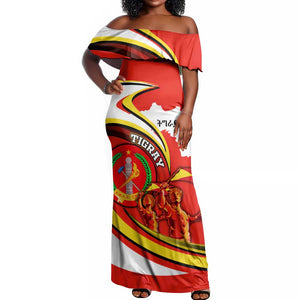 Ethiopia Tigray Off Shoulder Maxi Dress Revolution Emblem Freedom Fighters and Flag